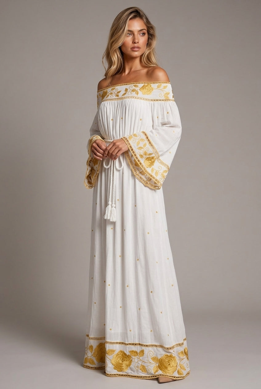 Women's Off-shoulder Flower Embroidered Vintage Dress — AI-generated studio three-quarter view