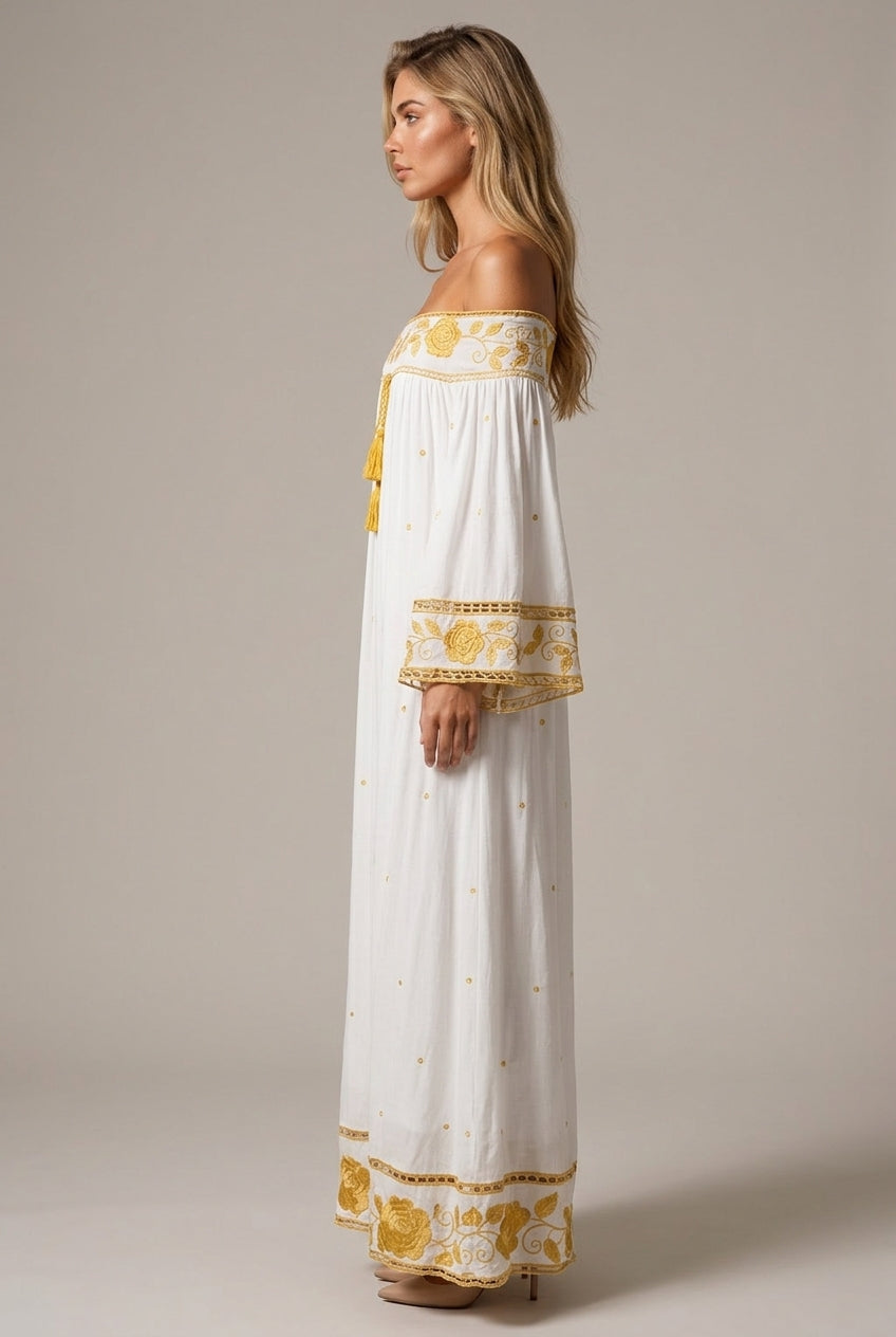 Women's Off-shoulder Flower Embroidered Vintage Dress — AI-generated studio right-side profile