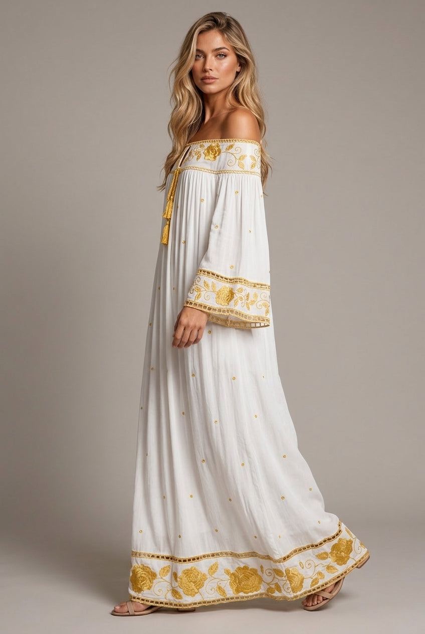 Women's Off-shoulder Flower Embroidered Vintage Dress — AI-generated studio left-side walking view