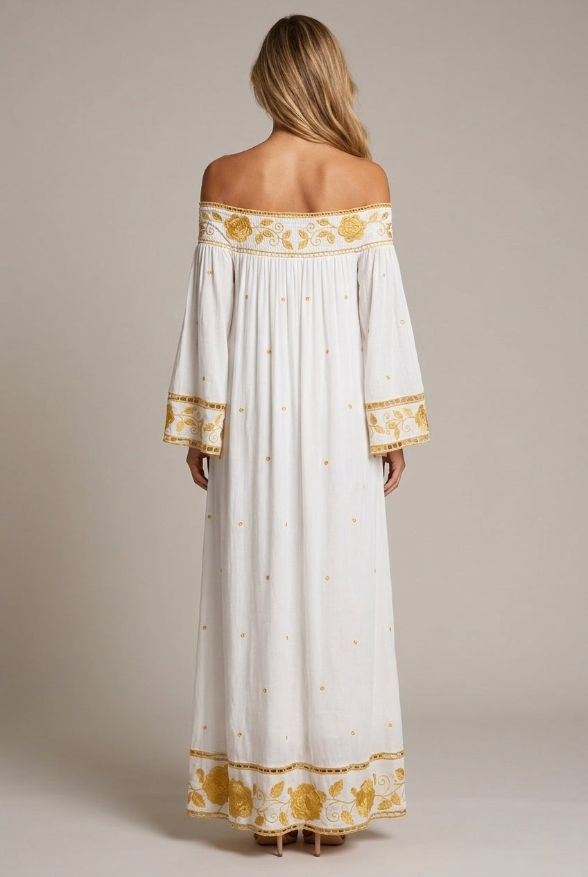 Women's Off-shoulder Flower Embroidered Vintage Dress — AI-generated studio back view