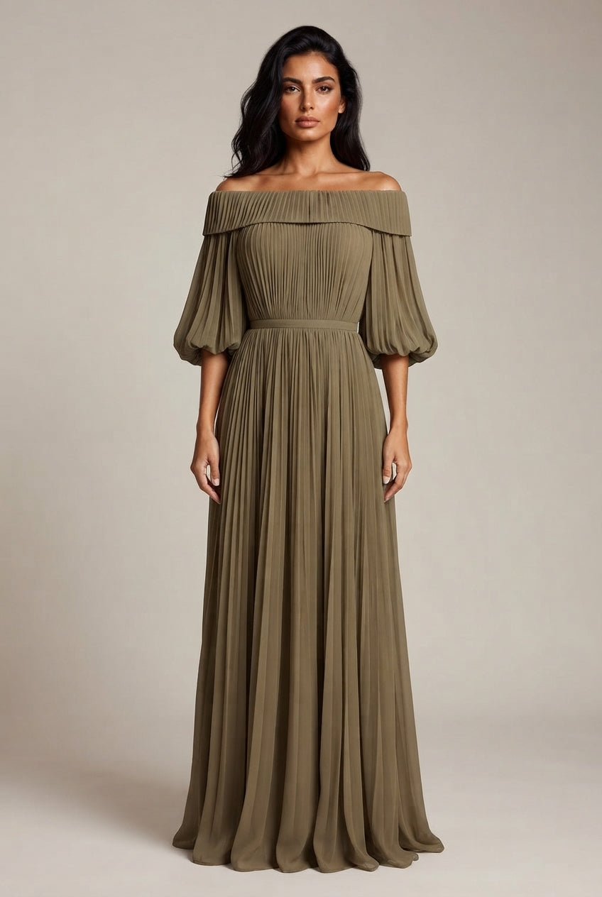 Womens Off-shoulder Pleated Chiffon Maxi Dress — Khaki — AI-generated studio front view