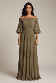 Womens Off-shoulder Pleated Chiffon Maxi Dress — Khaki — AI-generated studio front view