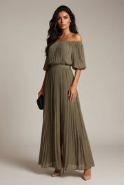 Womens Off-shoulder Pleated Chiffon Maxi Dress — Khaki — AI-generated studio three-quarter view