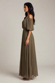 Womens Off-shoulder Pleated Chiffon Maxi Dress — Khaki — AI-generated studio right-side profile