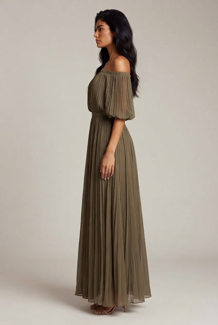 Womens Off-shoulder Pleated Chiffon Maxi Dress — Khaki — AI-generated studio right-side profile