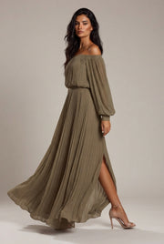 Womens Off-shoulder Pleated Chiffon Maxi Dress — Khaki — AI-generated studio left-side walking view