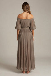 Womens Off-shoulder Pleated Chiffon Maxi Dress — Khaki — AI-generated studio back view
