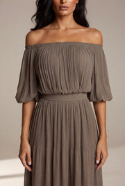 Womens Off-shoulder Pleated Chiffon Maxi Dress — Khaki — AI-generated studio bodice detail