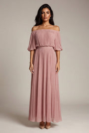 Womens Off-shoulder Pleated Chiffon Maxi Dress — Pink — AI-generated studio front view