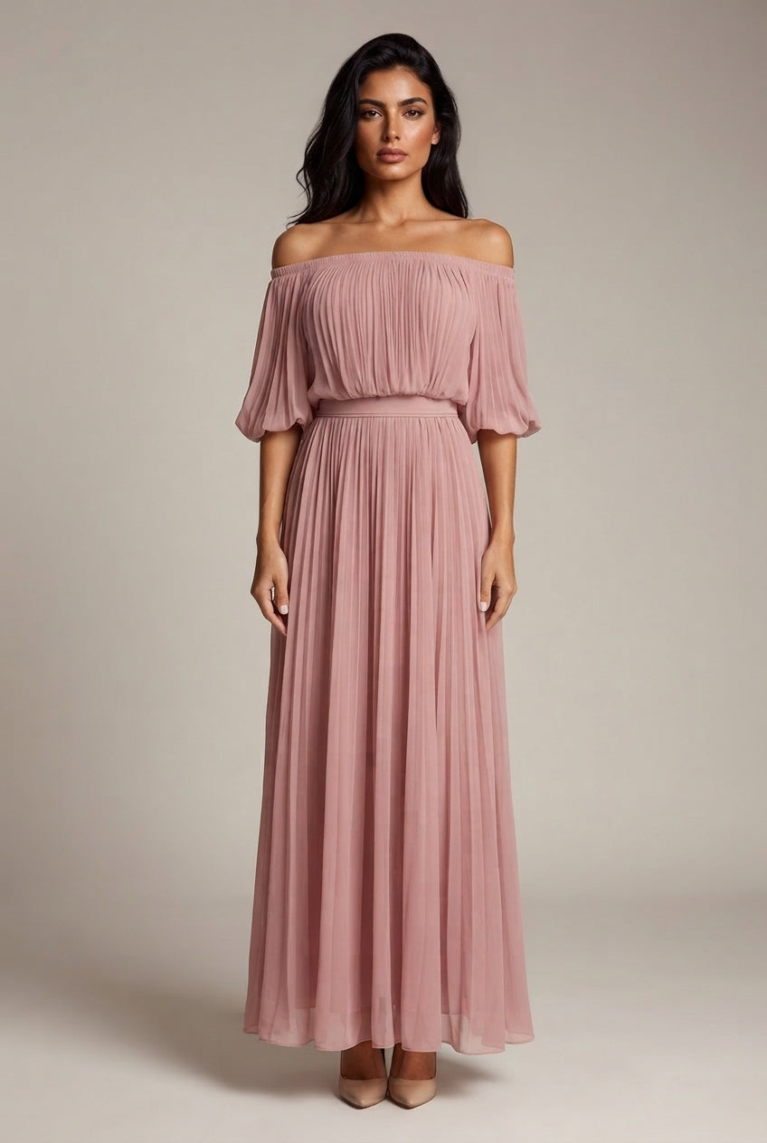 Womens Off-shoulder Pleated Chiffon Maxi Dress — Pink — AI-generated studio front view