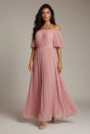Womens Off-shoulder Pleated Chiffon Maxi Dress — Pink — AI-generated studio three-quarter view