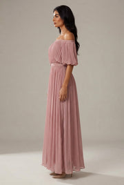 Womens Off-shoulder Pleated Chiffon Maxi Dress — Pink — AI-generated studio right-side profile