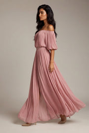 Womens Off-shoulder Pleated Chiffon Maxi Dress — Pink — AI-generated studio left-side walking view