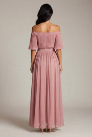 Womens Off-shoulder Pleated Chiffon Maxi Dress — Pink — AI-generated studio back view