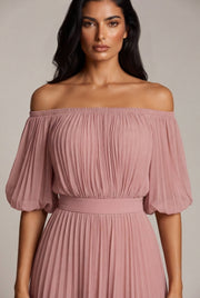 Womens Off-shoulder Pleated Chiffon Maxi Dress — Pink — AI-generated studio bodice detail