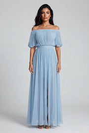 Womens Off-shoulder Pleated Chiffon Maxi Dress — Sky Blue — AI-generated studio front view