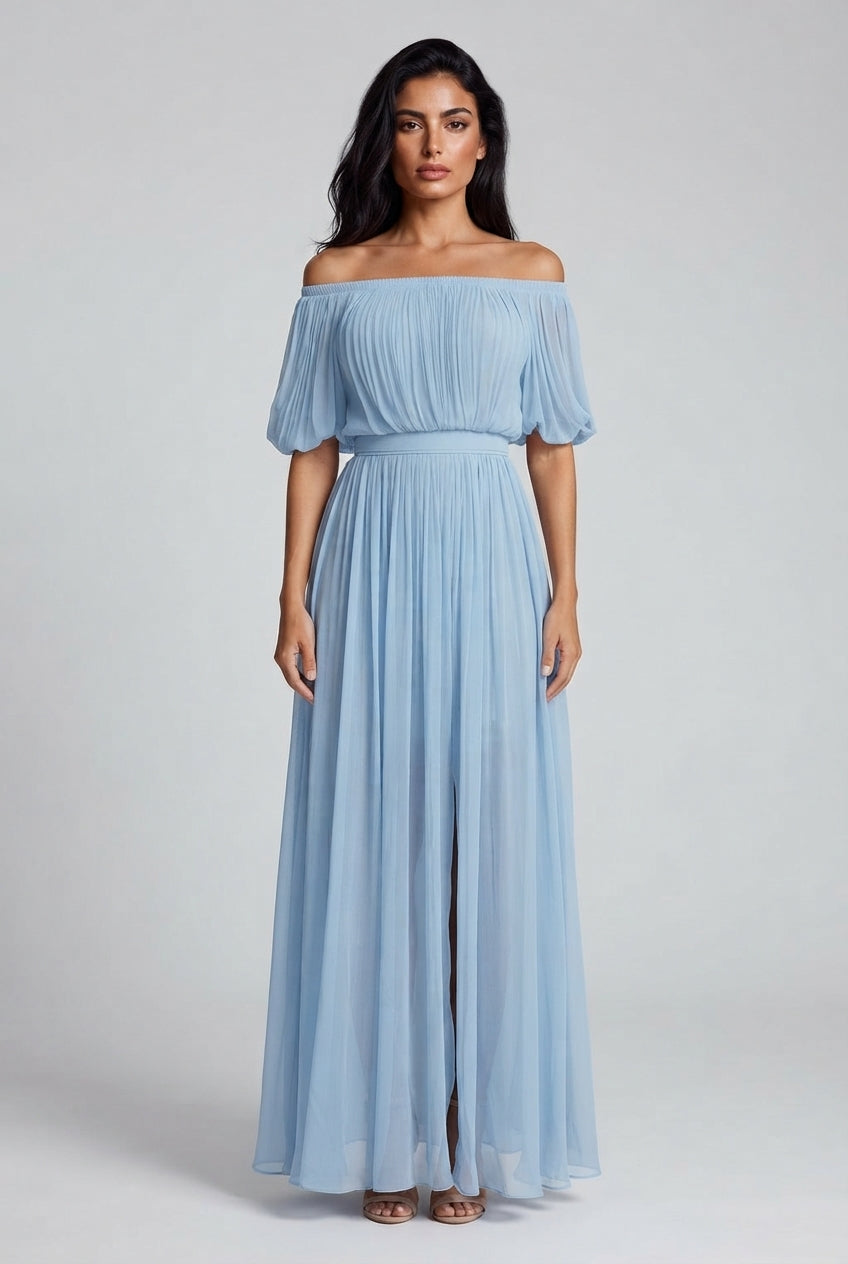 Womens Off-shoulder Pleated Chiffon Maxi Dress — Sky Blue — AI-generated studio front view