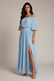 Womens Off-shoulder Pleated Chiffon Maxi Dress — Sky Blue — AI-generated studio three-quarter view