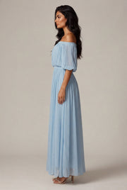 Womens Off-shoulder Pleated Chiffon Maxi Dress — Sky Blue — AI-generated studio right-side profile