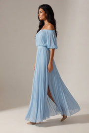 Womens Off-shoulder Pleated Chiffon Maxi Dress — Sky Blue — AI-generated studio left-side walking view