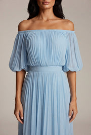 Womens Off-shoulder Pleated Chiffon Maxi Dress — Sky Blue — AI-generated studio bodice detail