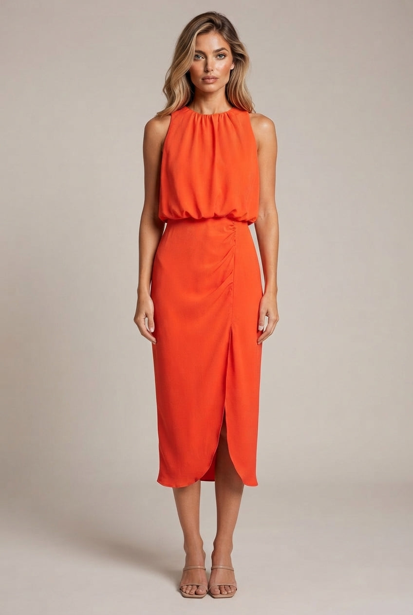 Women's Pleated Decoration Midi Skirt Dress — Orange Red — AI-generated studio front view