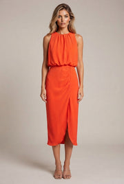 Women's Pleated Decoration Midi Skirt Dress — Orange Red — AI-generated studio front view
