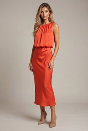 Women's Pleated Decoration Midi Skirt Dress — Orange Red — AI-generated studio three-quarter view
