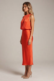 Women's Pleated Decoration Midi Skirt Dress — Orange Red — AI-generated studio right-side profile