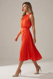 Women's Pleated Decoration Midi Skirt Dress — Orange Red — AI-generated studio left-side walking view