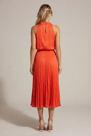 Women's Pleated Decoration Midi Skirt Dress — Orange Red — AI-generated studio back view
