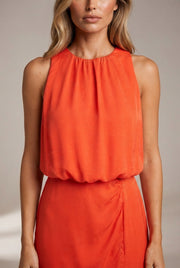 Women's Pleated Decoration Midi Skirt Dress — Orange Red — AI-generated studio bodice detail
