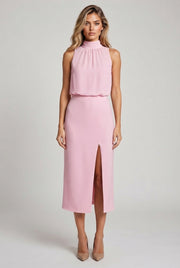 Women's Pleated Decoration Midi Skirt Dress — Pink — AI-generated studio front view