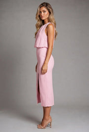 Women's Pleated Decoration Midi Skirt Dress — Pink — AI-generated studio right-side profile