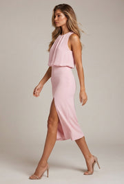 Women's Pleated Decoration Midi Skirt Dress — Pink — AI-generated studio left-side walking view