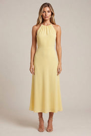 Women's Pleated Decoration Midi Skirt Dress — Yellow — AI-generated studio front view