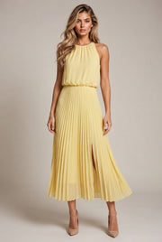 Women's Pleated Decoration Midi Skirt Dress — Yellow — AI-generated studio three-quarter view