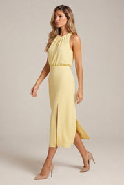 Women's Pleated Decoration Midi Skirt Dress — Yellow — AI-generated studio left-side walking view