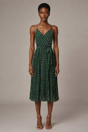 Women's Polka-Dot Suspender Midi Dress — Green — AI-generated studio front view