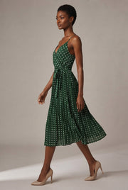 Women's Polka-Dot Suspender Midi Dress — Green — AI-generated studio left-side walking view