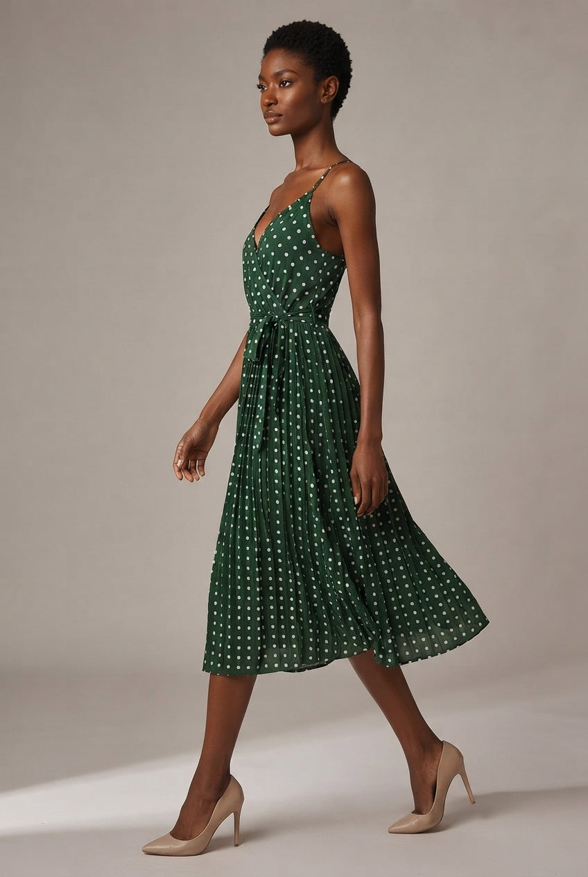 Women's Polka-Dot Suspender Midi Dress — Green — AI-generated studio left-side walking view