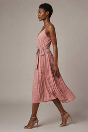 Women's Polka-Dot Suspender Midi Dress — Pink — AI-generated studio left-side walking view