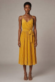 Women's Polka-Dot Suspender Midi Dress — Yellow — AI-generated studio front view
