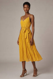 Women's Polka-Dot Suspender Midi Dress — Yellow — AI-generated studio three-quarter view
