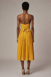 Women's Polka-Dot Suspender Midi Dress — Yellow — AI-generated studio back view