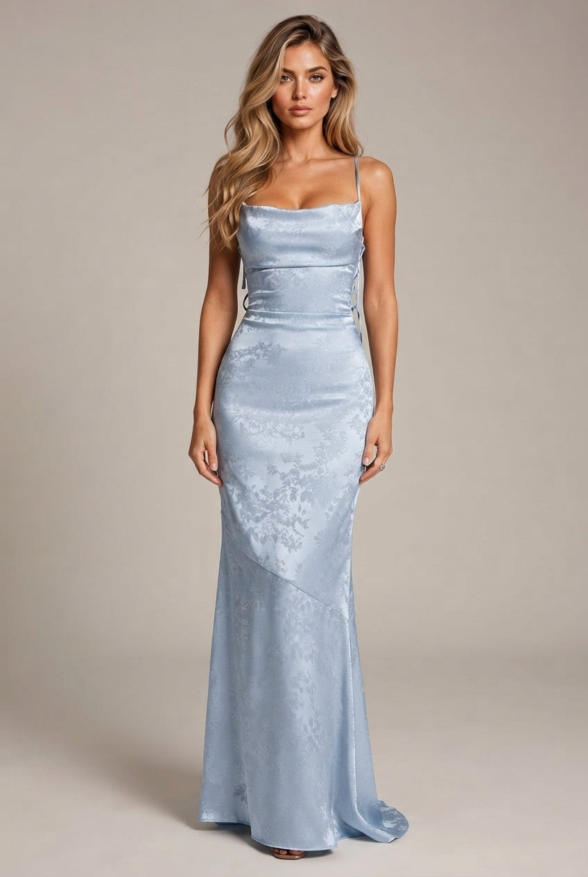 Womens Sexy Backless Jacquard Lace-Up Maxi Dress — Blue — AI-generated studio front view