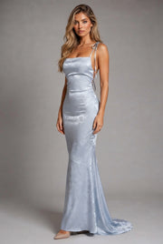Womens Sexy Backless Jacquard Lace-Up Maxi Dress — Blue — AI-generated studio three-quarter view