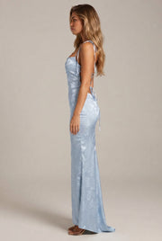 Womens Sexy Backless Jacquard Lace-Up Maxi Dress — Blue — AI-generated studio right-side profile