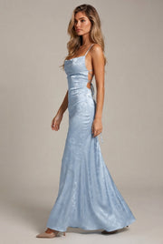 Womens Sexy Backless Jacquard Lace-Up Maxi Dress — Blue — AI-generated studio left-side walking view