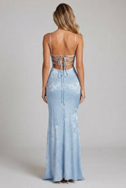 Womens Sexy Backless Jacquard Lace-Up Maxi Dress — Blue — AI-generated studio back view